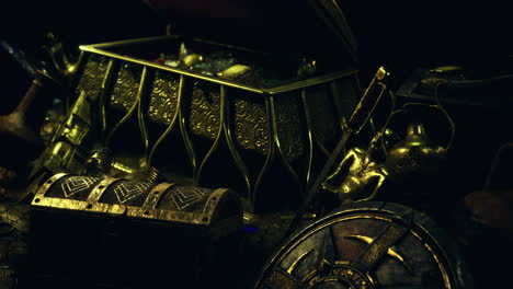 treasure chest filled with ancient artifacts and gold in a dark setting