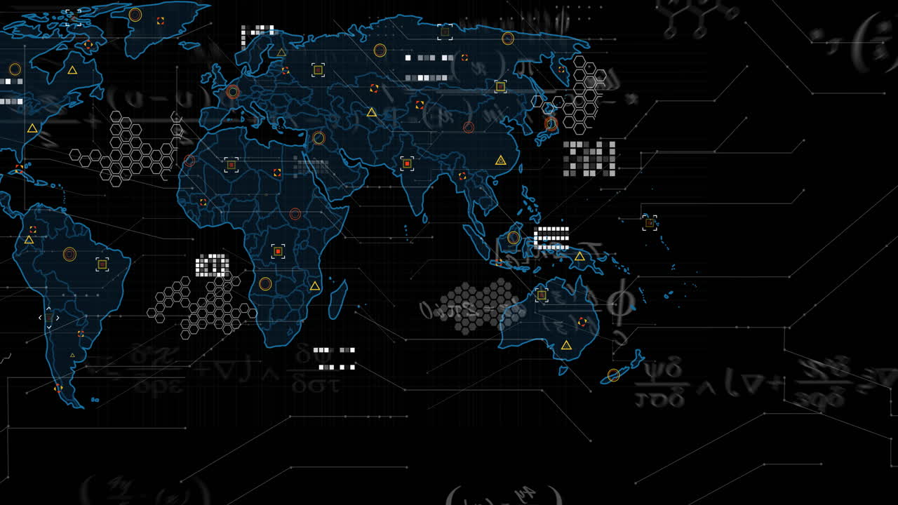Animation of data processing over world map on black background