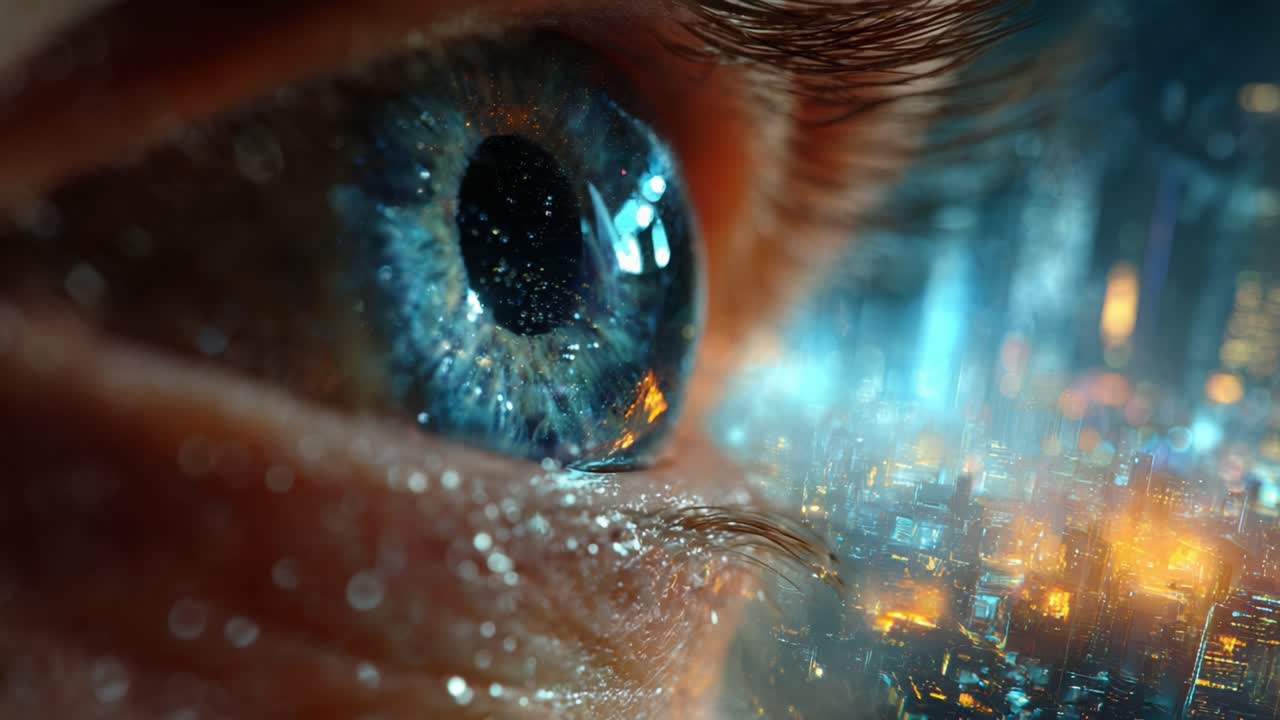 A Close-Up of an Eye Capturing the Reflection of a Vibrant, Futuristic Cityscape, Showcasing the Connection Between Humanity and Technology in a Stunning Visual Display