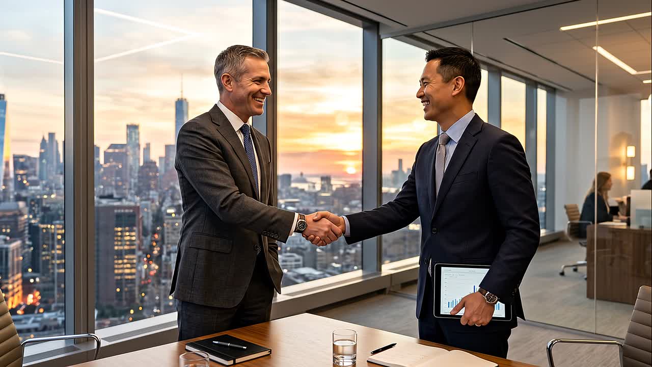 Dirigenti d'azienda che si stringono la mano in sala conferenze con vista sulla città, siglando un accordo di successo e un'intesa di partnership