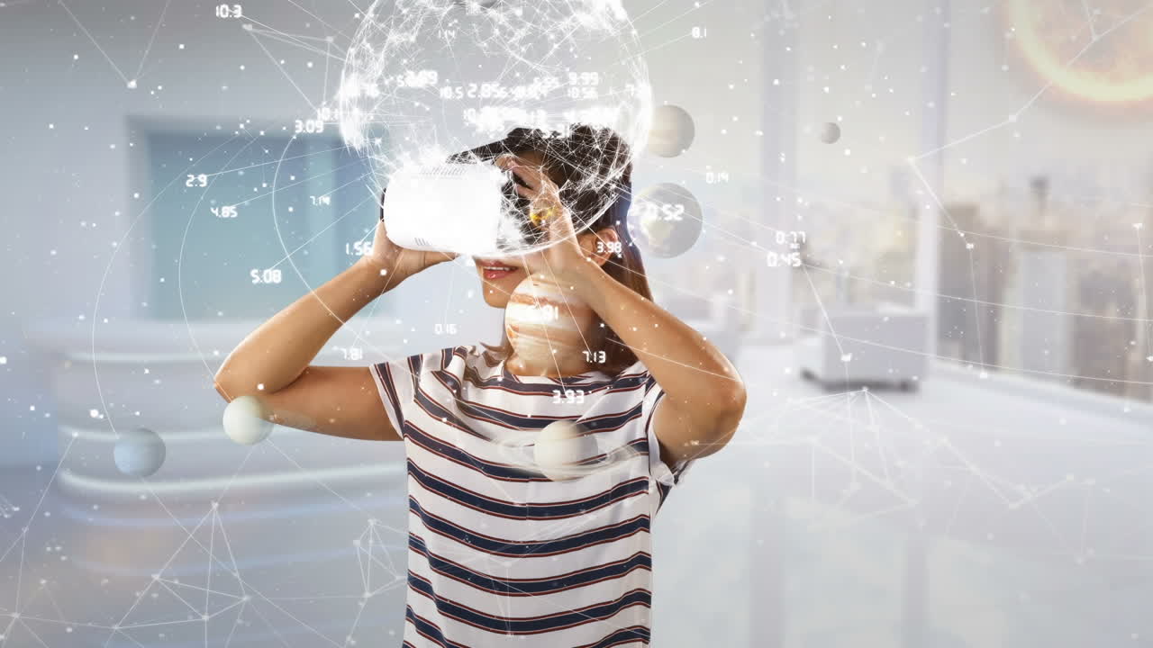 animación de globo con números sobre mujer de negocios caucásica usando auriculares vr