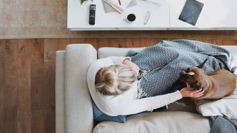 overhead shot looking down on woman at home lying on sofa playing with pet dog