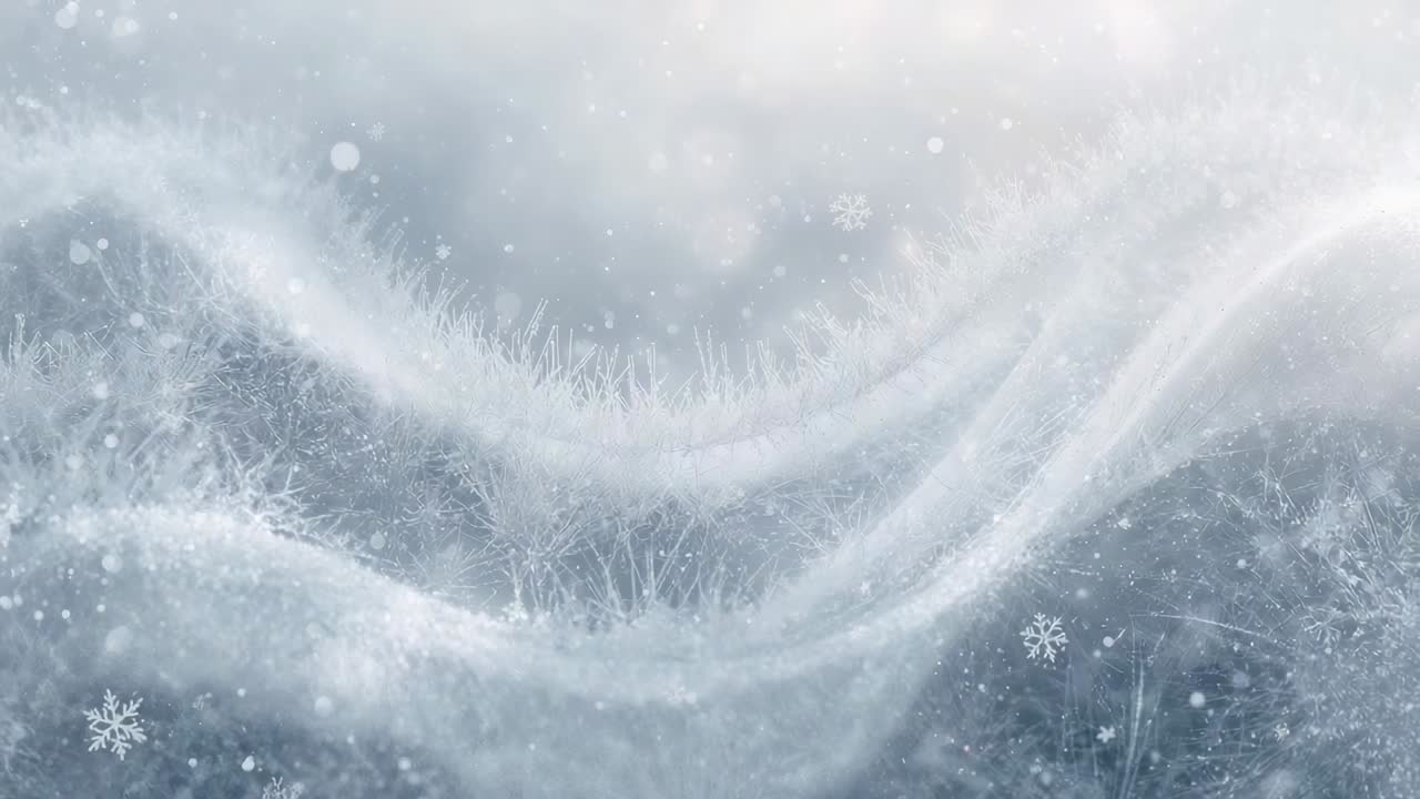 Opening closeup wavy frost ridges undulating at macro winter, with falling flakes, needle crystals