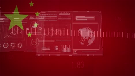 Animation-of-financial-data-and-graphs-on-screens-over-flag-of-china