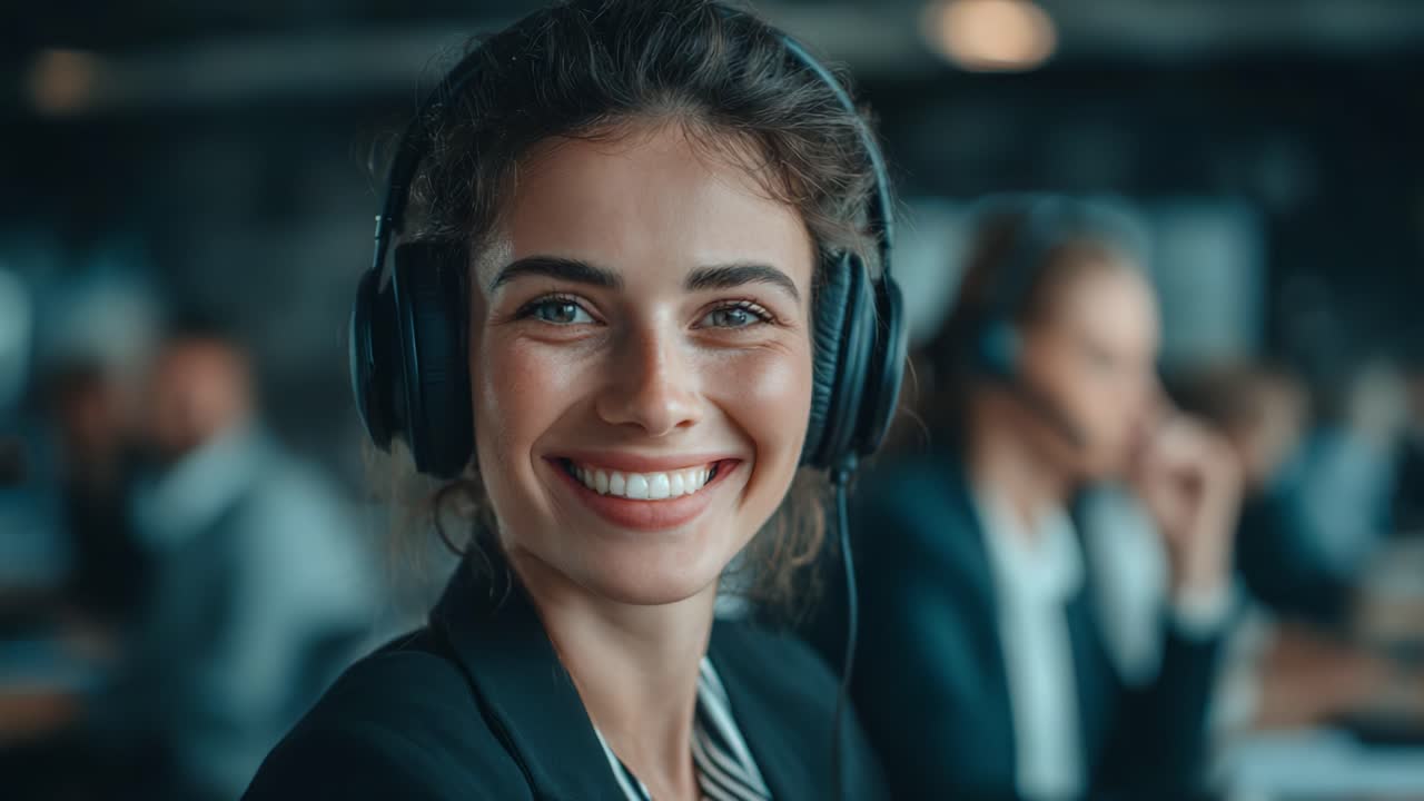 Smiling Customer Support Agent with Headset in an Office Environment, Providing Assistance and Engaging with Clients in a Professional Setting