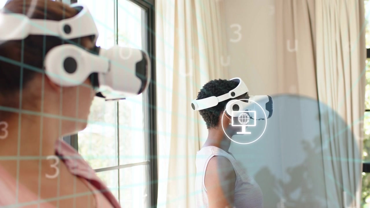 Women in VR Headsets Engaging with Augmented Reality Interface