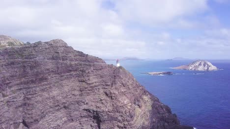 shot of makapuu lighthouse in eastern honolulu hawai with blue ocean - aerial pan orbit