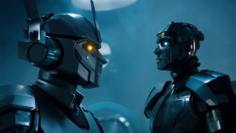 two robots facing each other in a futuristic setting