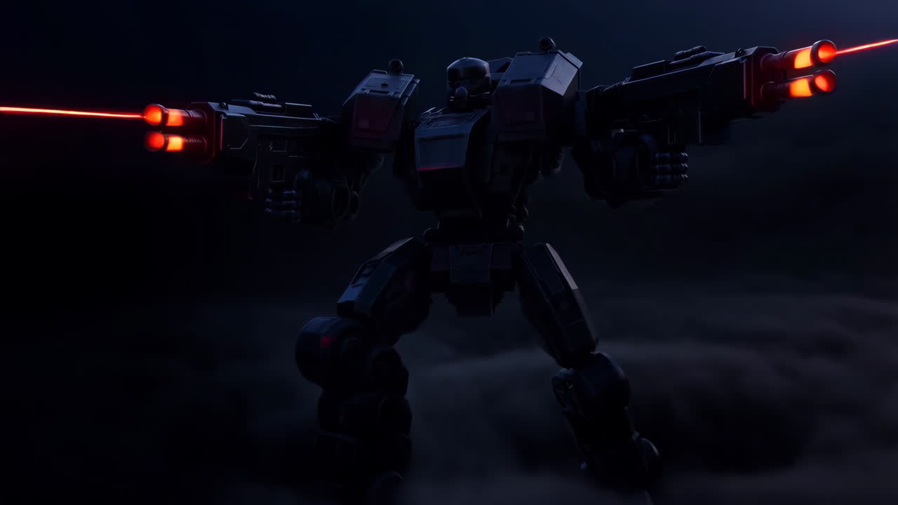 Combat Mech with Lasers in the Fog