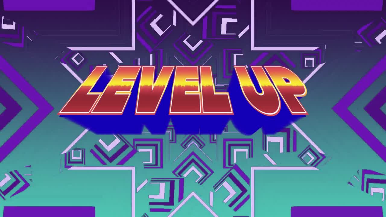 녹색 그라디언트 배경에 원활한 움직임으로 별 모양 위에 레벨 업 텍스트의 디지털 애니메이션