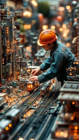 skilled worker engages with miniature city model during twilight hours