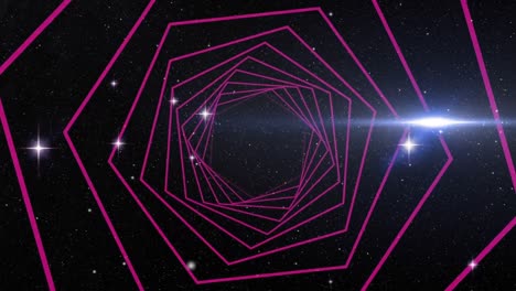 Digital-animation-of-hexagonal-shapes-spinning-in-seamless-motion-against-shining-stars-in-space