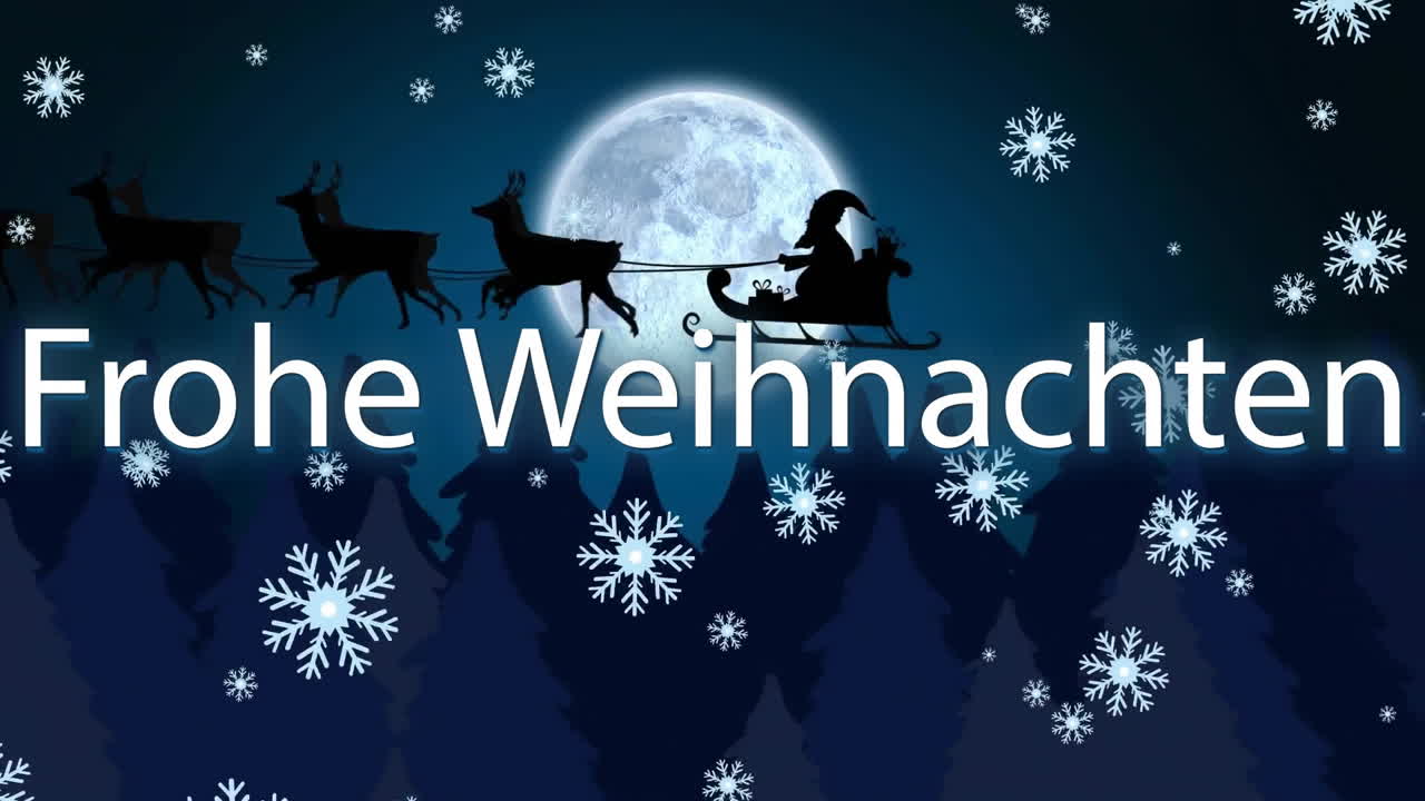 Animation des Textes 'Frohe Weihnachten' über fallendem Schnee und einem Hintergrund mit Weihnachtsmann und Rentieren