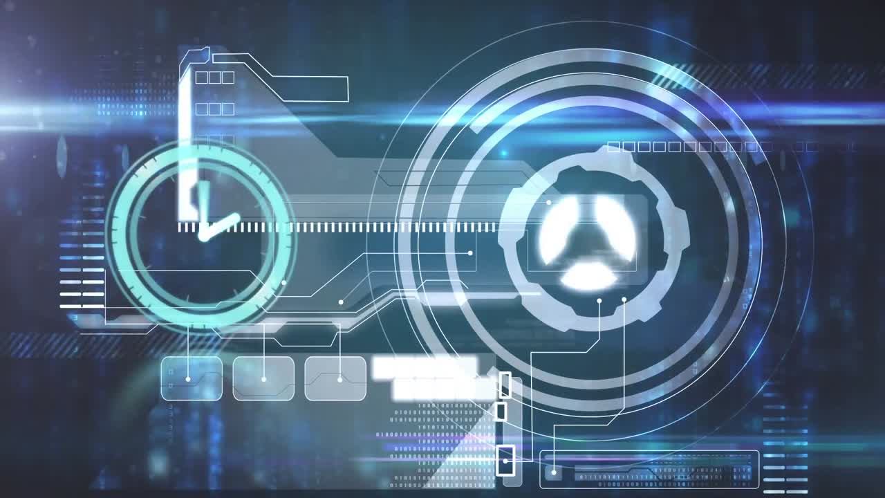 Animation of clock moving fast with scope scanning and data processing on screen