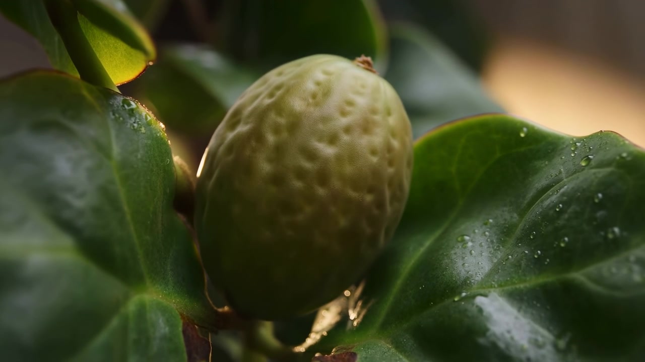 Una vista ravvicinata cattura un piccolo frutto verde rotondo attaccato tra foglie lucide mentre la superficie diventa più scura attraverso le inquadrature, con luce naturale che evidenzia la texture, le forme organiche e il fogliame circostante.