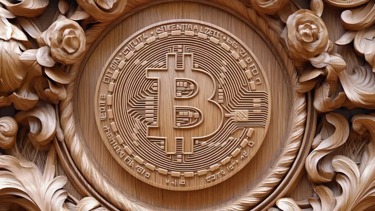 Ornate Wood Carving with Bitcoin Symbol