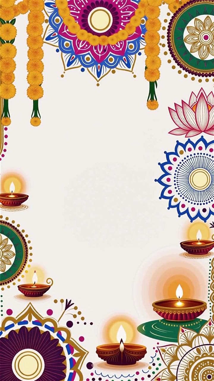 Sfondo Diwali con Diyas luminosi, Rangoli e fiori di loto