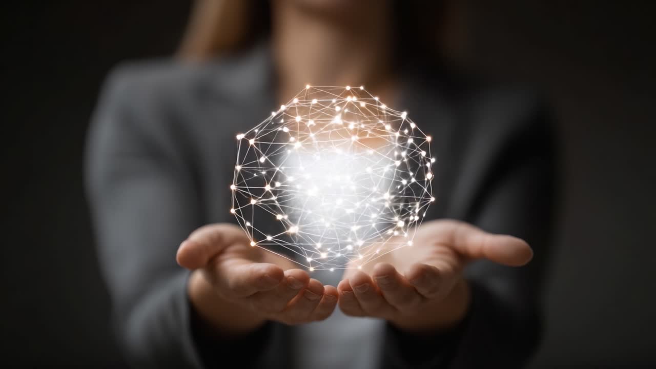 A person holds a glowing network sphere between their hands, symbolizing connectivity and digital innovation in a modern, abstract visual representation