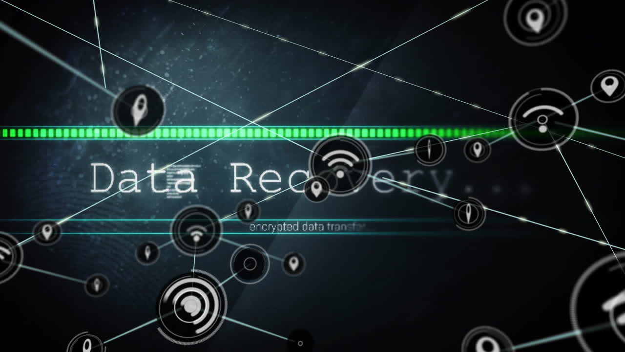 Encrypted data transfer animation with network connections and digital symbols