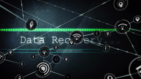 encrypted data transfer animation with network connections and digital symbols