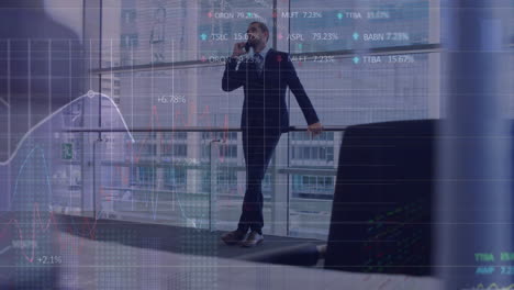 animation of financial data processing over caucasian businessman using smartphone in office