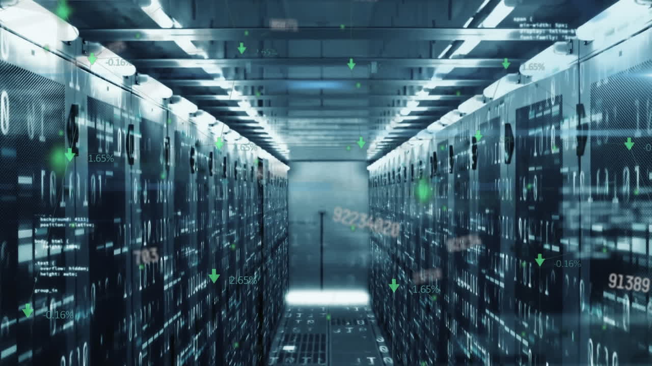 Animation of changing numbers, mosaic sqaures and data processing against computer server room