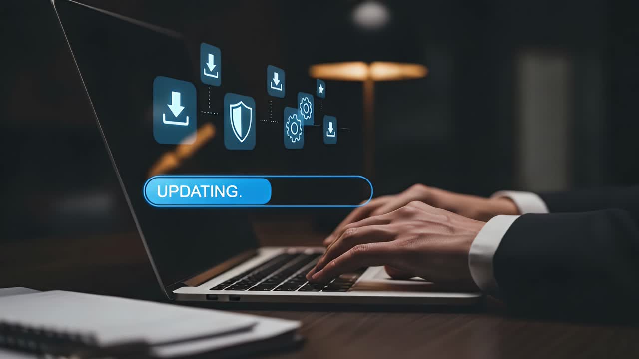 A laptop screen shows a blue button that says updating