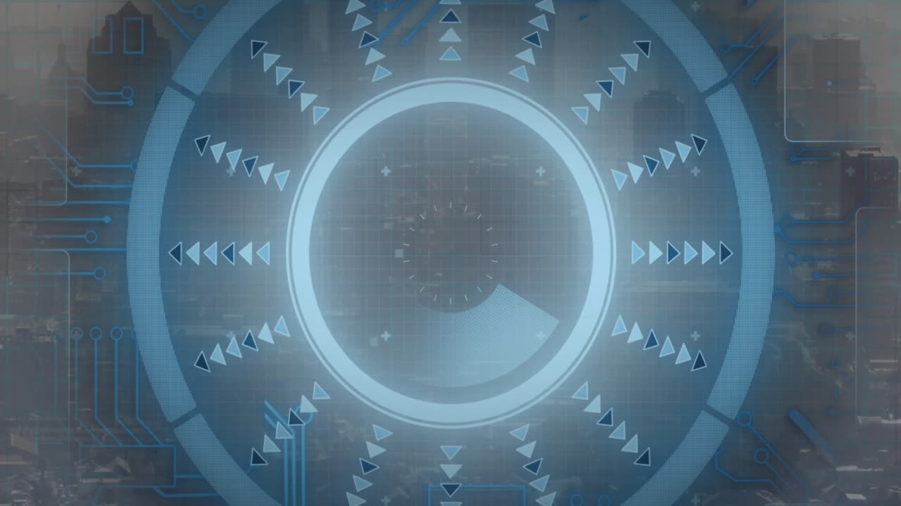 Animation of scope scanning with data processing over cityscape