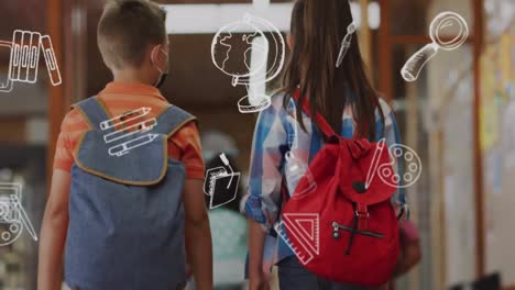 animation of school icons over african schoolchildren with school bags in school