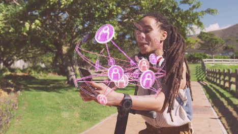 Woman leaning on scooter using smartphone with floating holographic network connecting digital tech