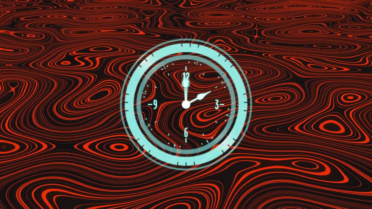 Animation of clock moving fast over red liquid background