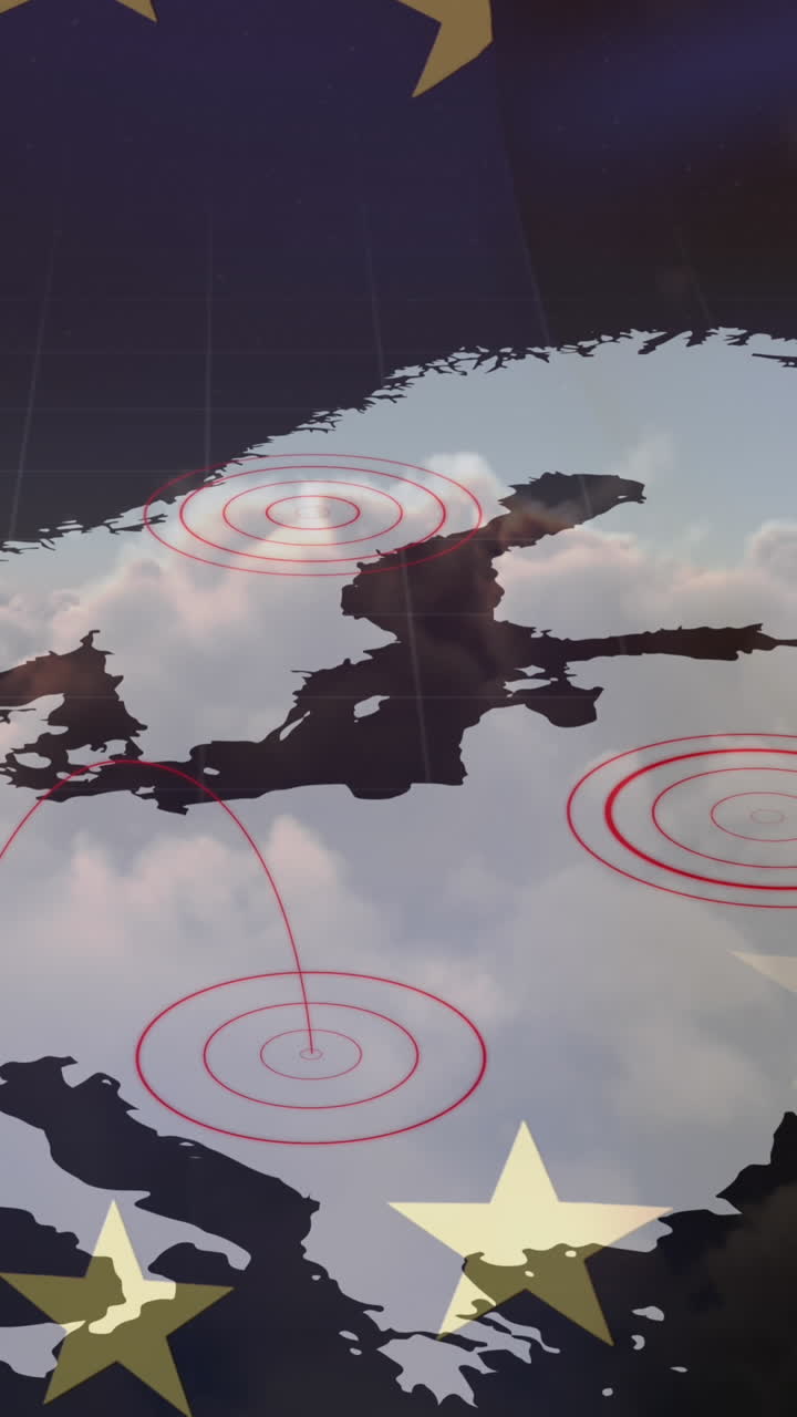animación de la bandera de la unión europea y el mapa sobre las nubes en el cielo