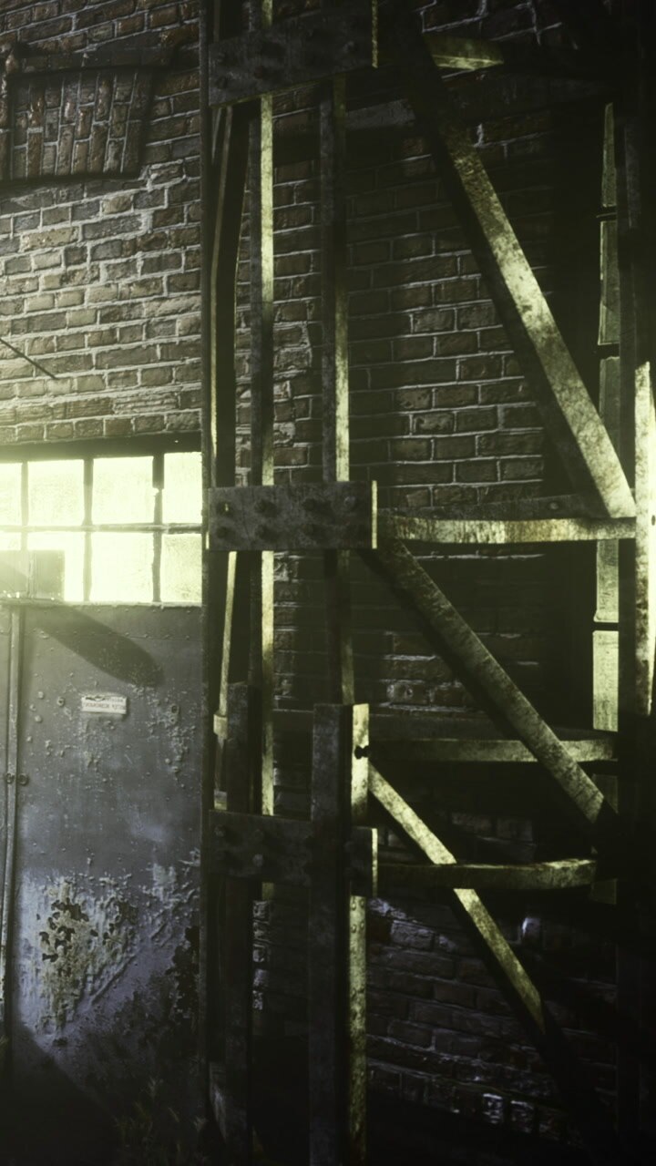 Scaffolding and old windows in a building during daylight hours
