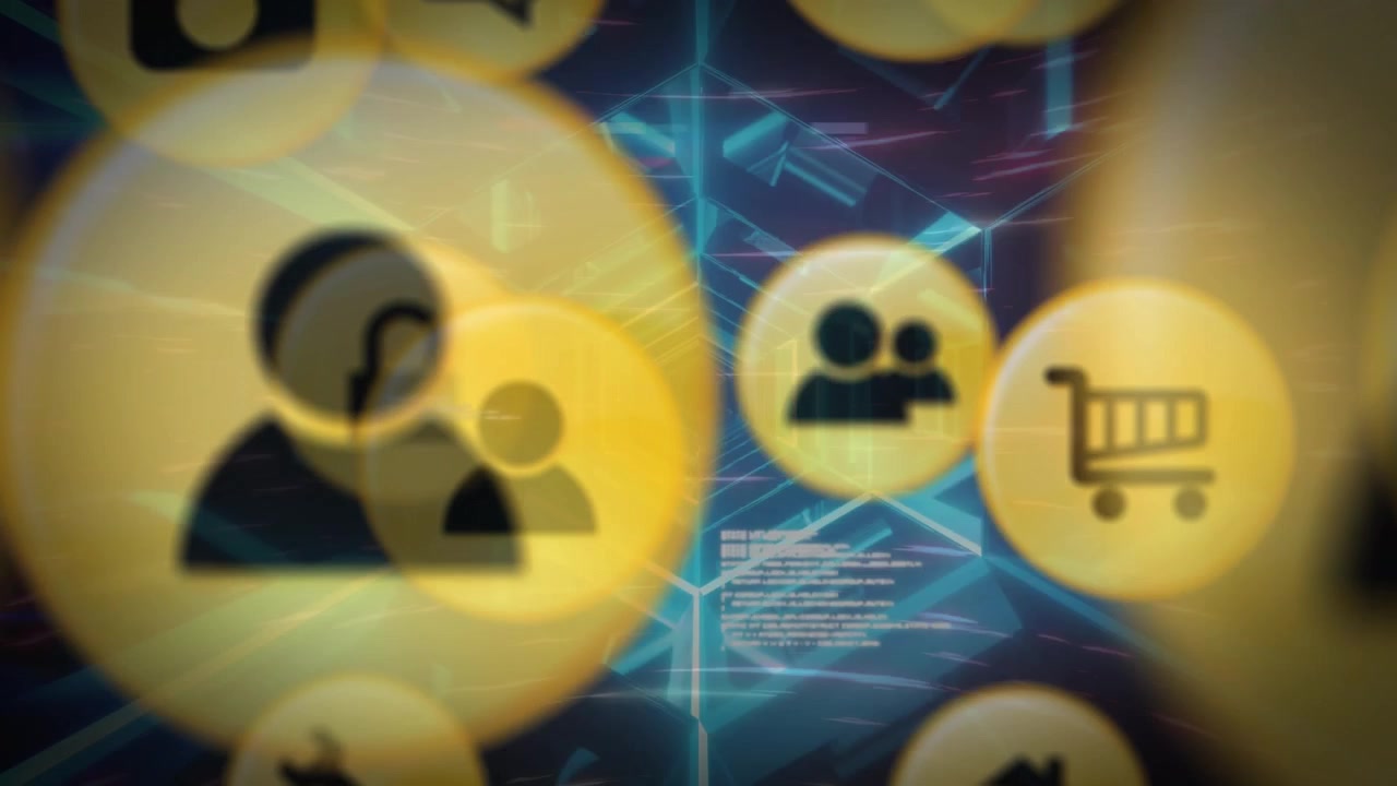 Animation af bruger- og tech-ikoner over tunnel med databehandling