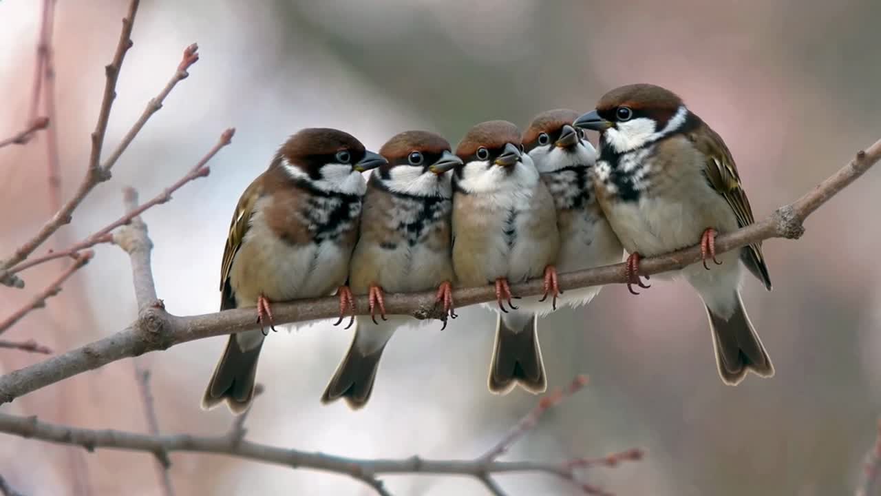 枝に並んで座る5羽のスズメ