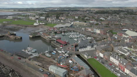 an aerial view of arbroath harbour and town on a cloudy day