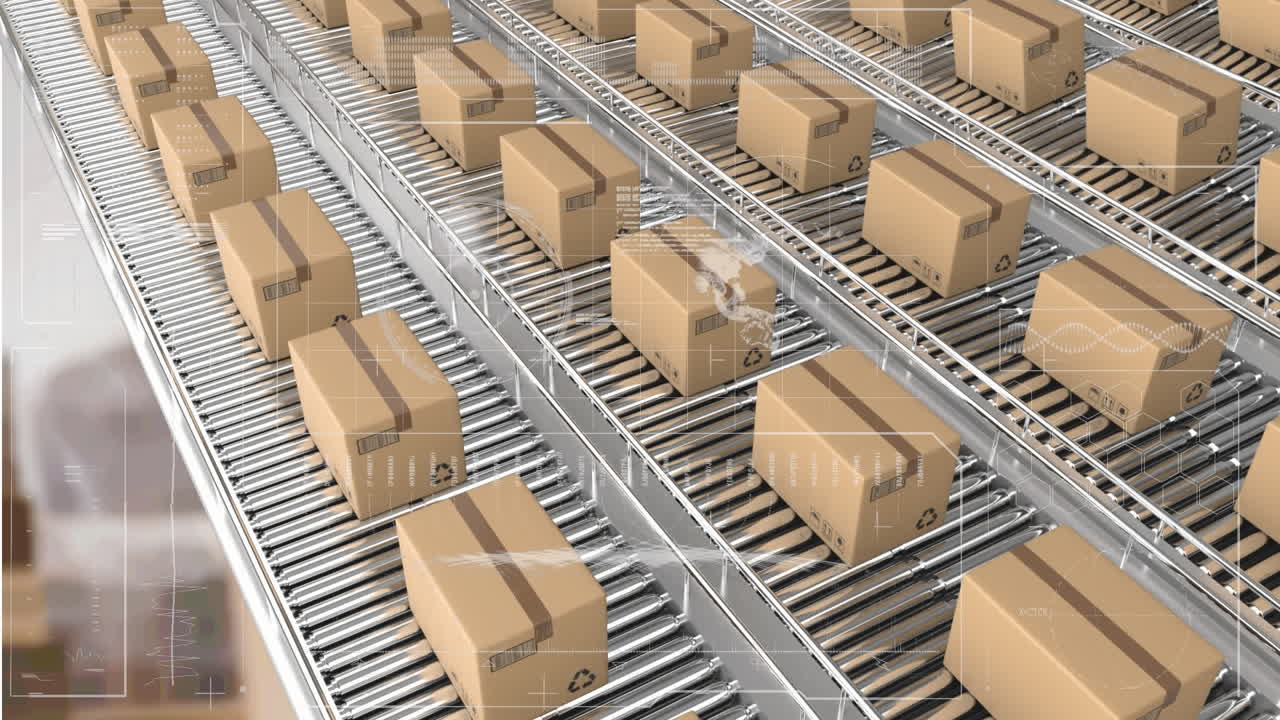 interfaz digital con procesamiento de datos contra cajas de entrega en cinta transportadora contra almacén