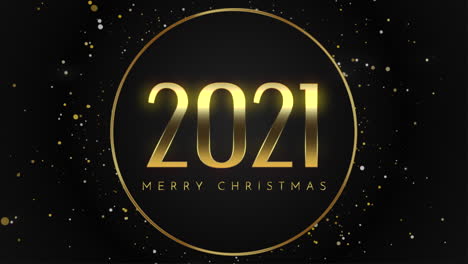 animated closeup 2021 and merry christmas text with fly gold snowflakes and glitter on black holiday background