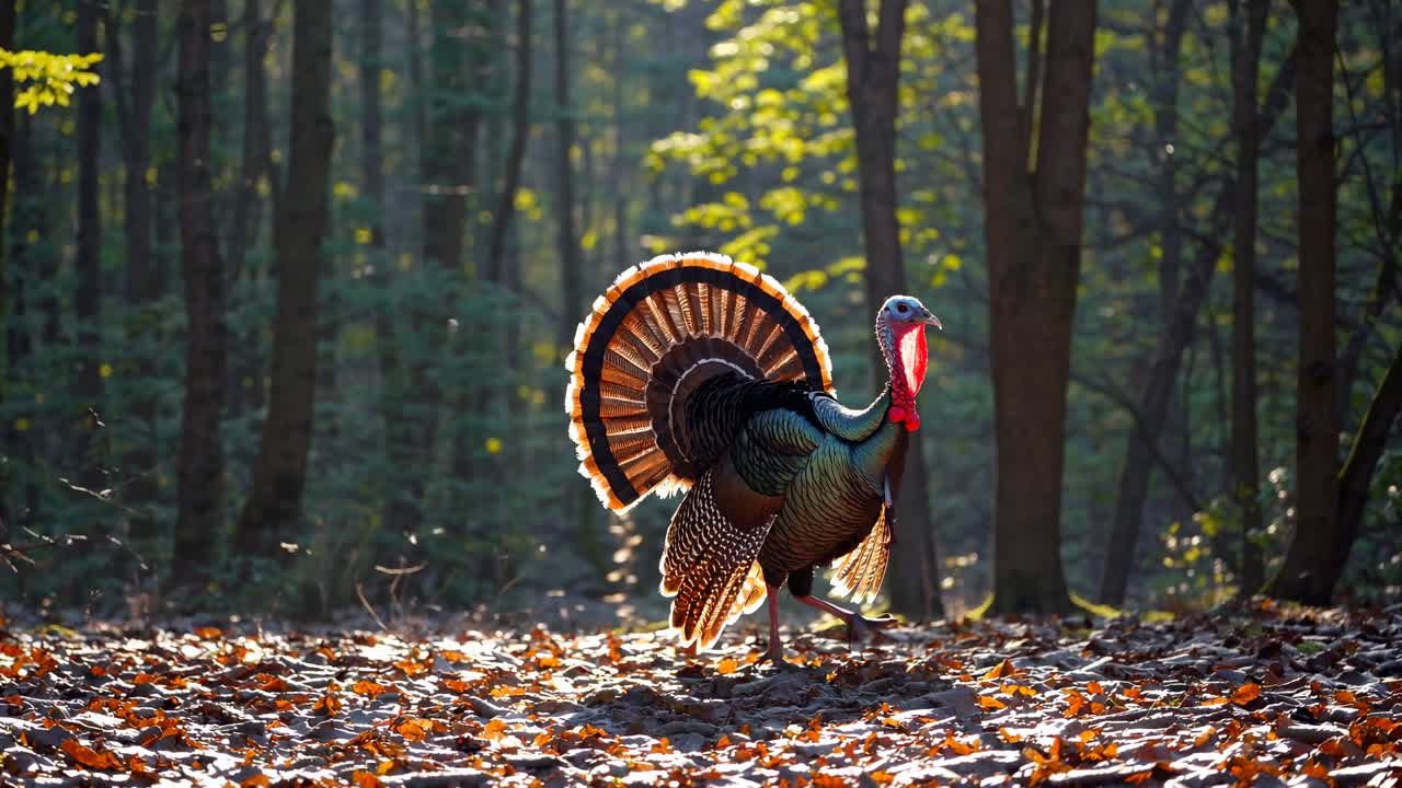 A low-angle video frame captures a turkey in a sunlit forest, highlighting its vibrant feathers