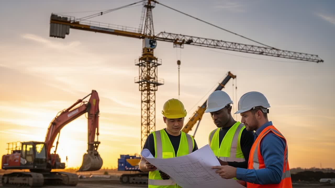 Construction Team Collaborating on Plans at Sunset, Analyzing Blueprints with Heavy Machinery in Background for Project Preparation and Execution