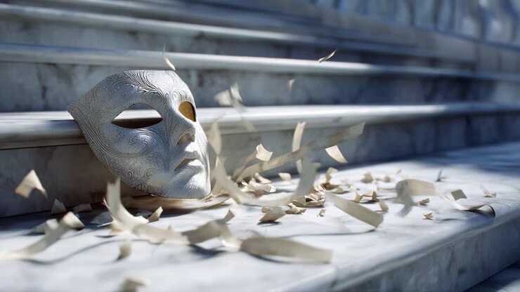 Un'elaborata maschera bianca da ballo in maschera giace dimenticata su gradini di marmo, circondata da delicati trucioli, che riflettono l'essenza del mistero e dell'eleganza