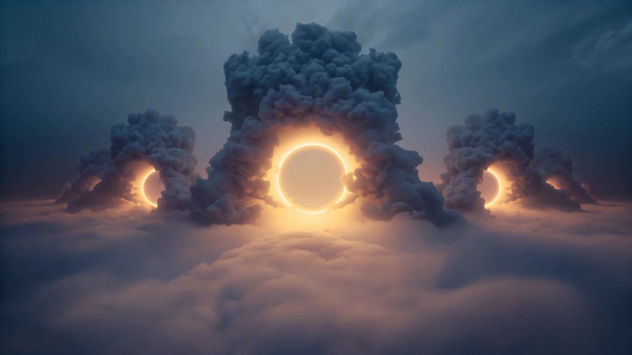Pulsing central glowing ring brightening cloud pillars and fog above cloud deck, revealing rings