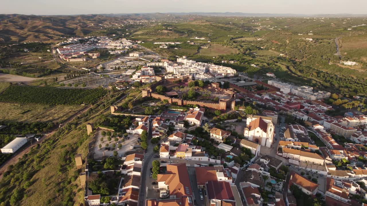 Clip aerea in volo verso il castello di Silves in Portogallo, mentre un uccello attraversa.
