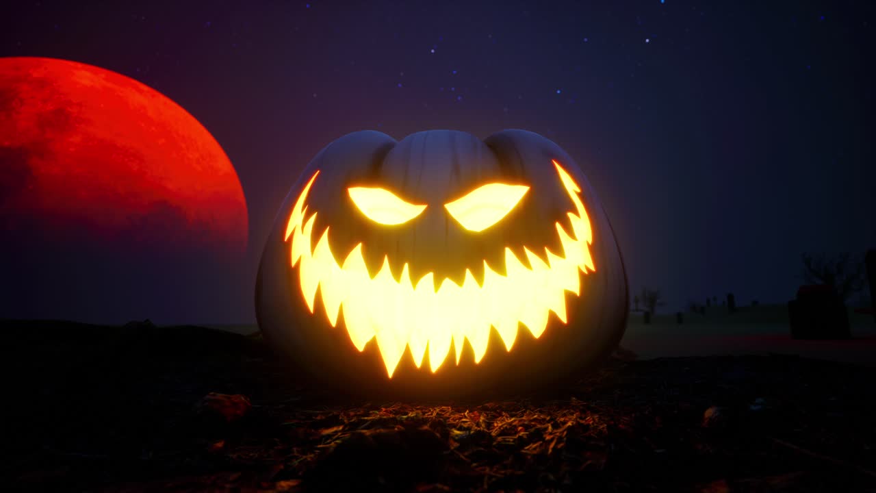 Jack-o'-lantern gigante con albero spettrale contro la luna di sangue nella notte di Halloween