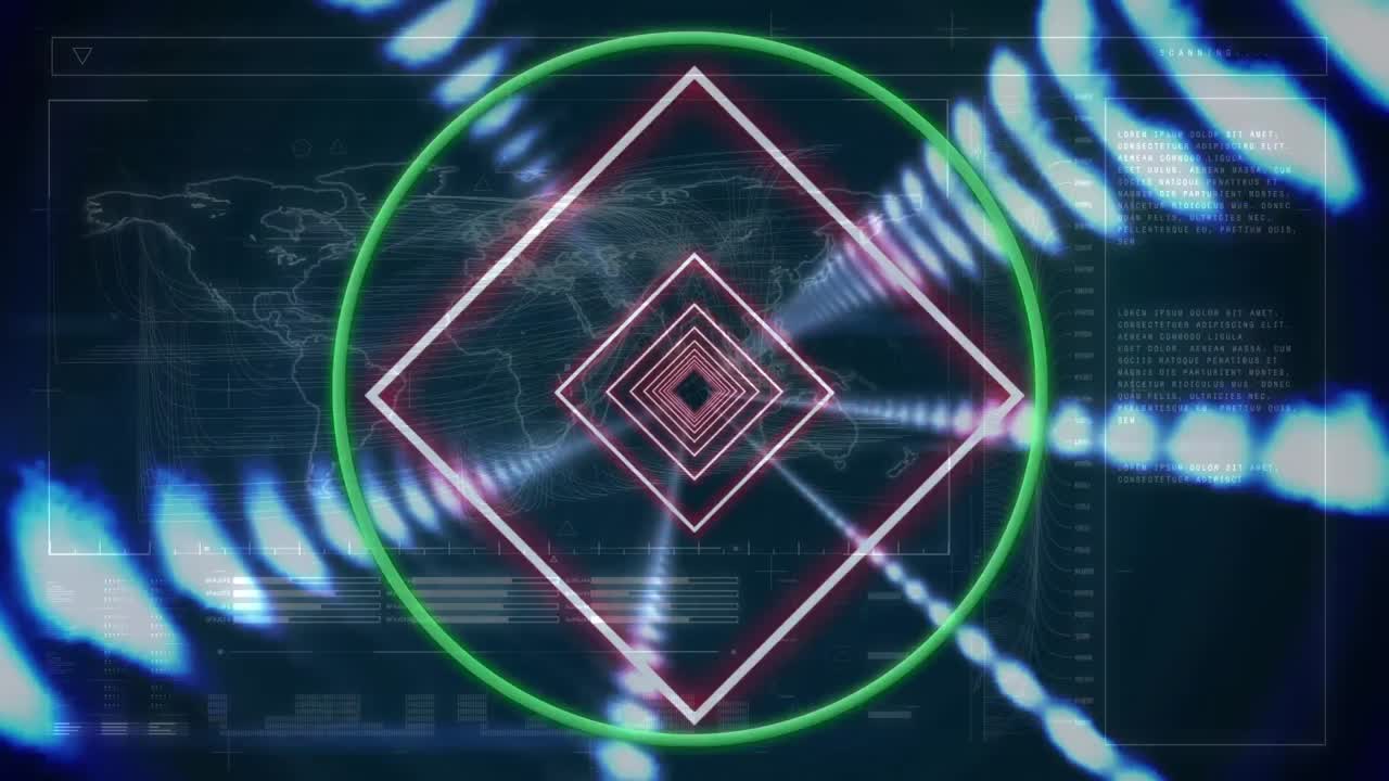 animación de un túnel cuadrado en un patrón sin costuras contra la interfaz con el procesamiento de datos