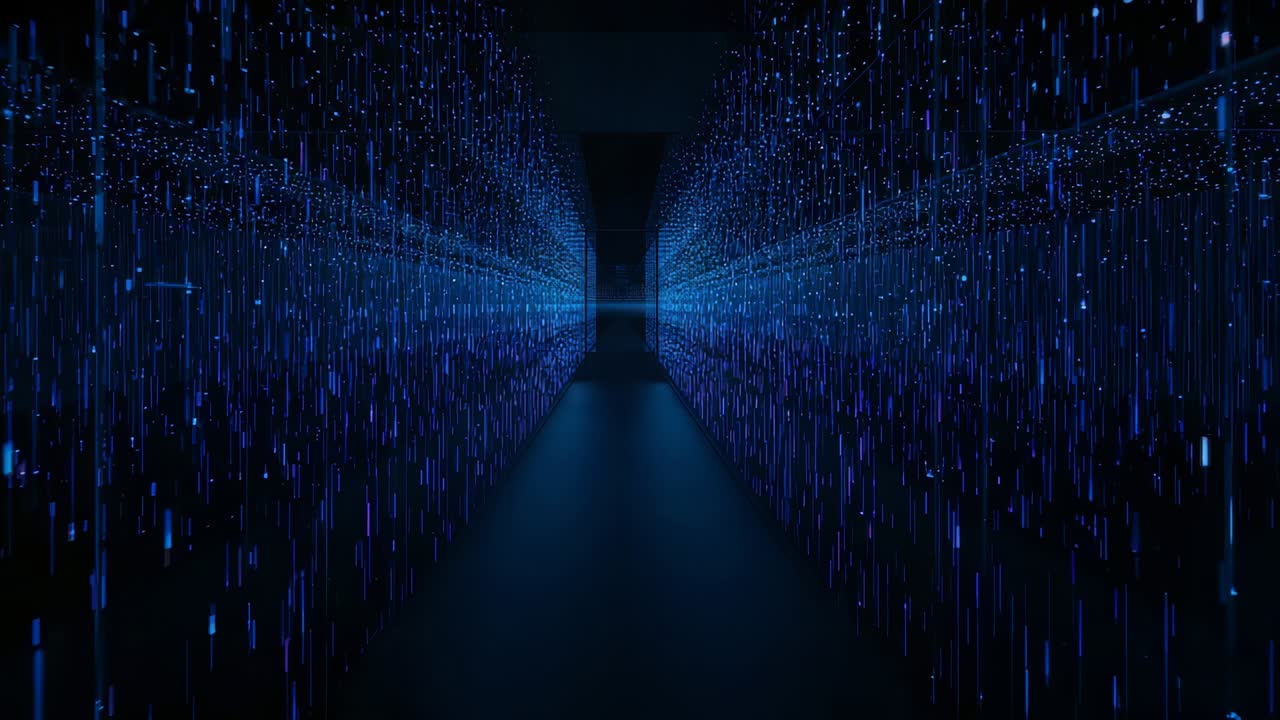 Animating tunnel in gallery, LED columns intensifying, reflecting on floor drawing focus to opening