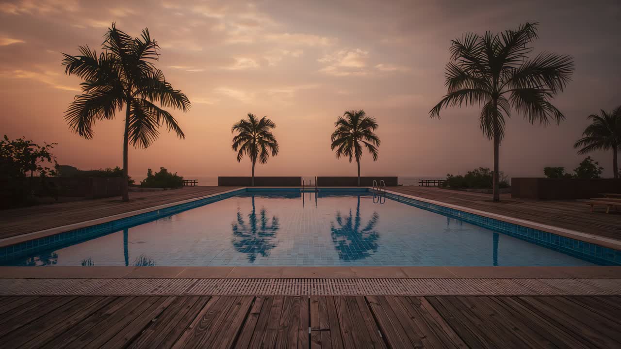 Framing centered rectangular pool, sunrise light shifting, camera zooming, revealing tiles, palms