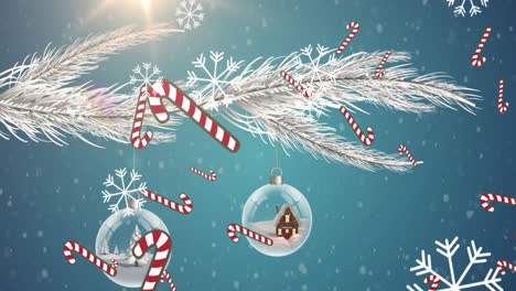 múltiples iconos de caña de caramelo cayendo contra las decoraciones de navidad colgando de una rama
