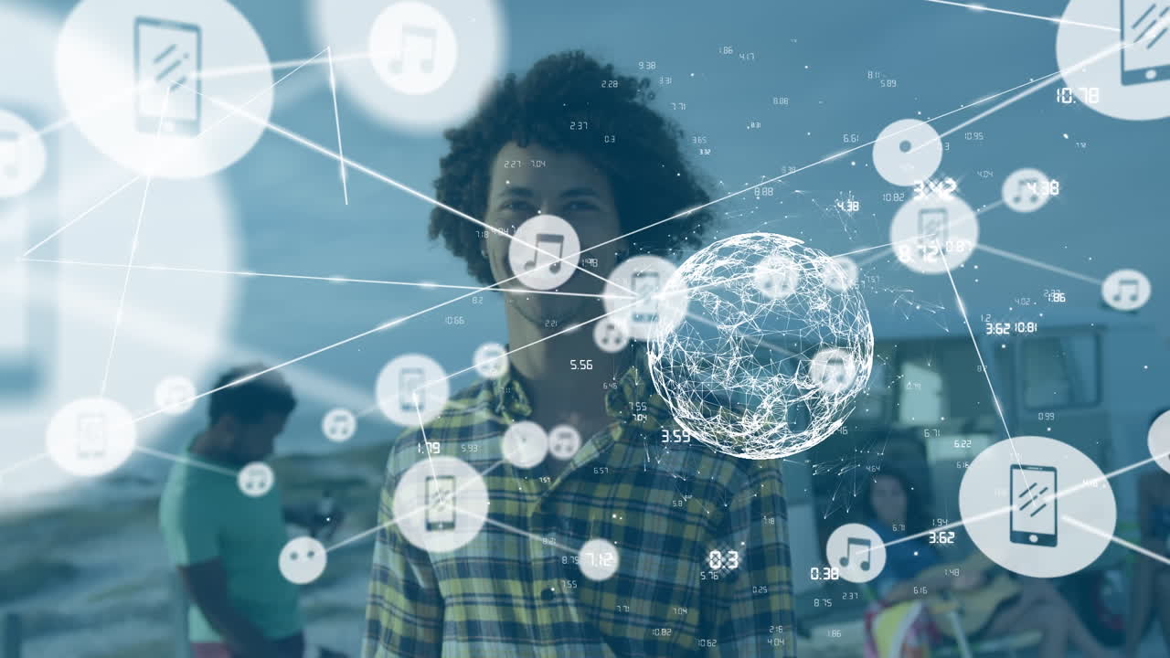 Animation of network of connections with media icons over happy african american man