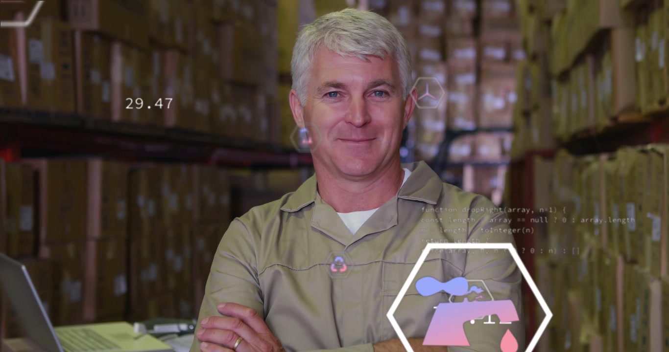 Warehouse worker standing, laptop sending data, hex icons moving over chest, numbers updating stock